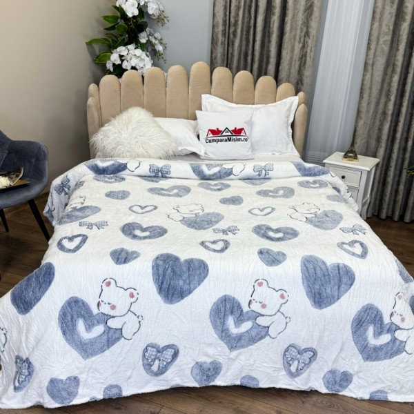 Patura CoCoLiNo Puffy, 200x220cm, Alb, Gri, inimioare, ursuleti [1]