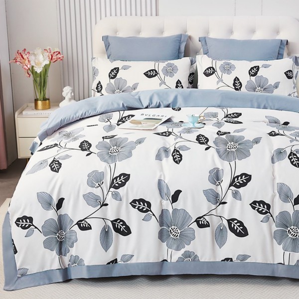 Lenjerie de Pat Dublu, Super Premium,  Finet Ranforsat, 6 Piese, Ambalat în Cutie de Lux, Alb, Bleu, flori [1]