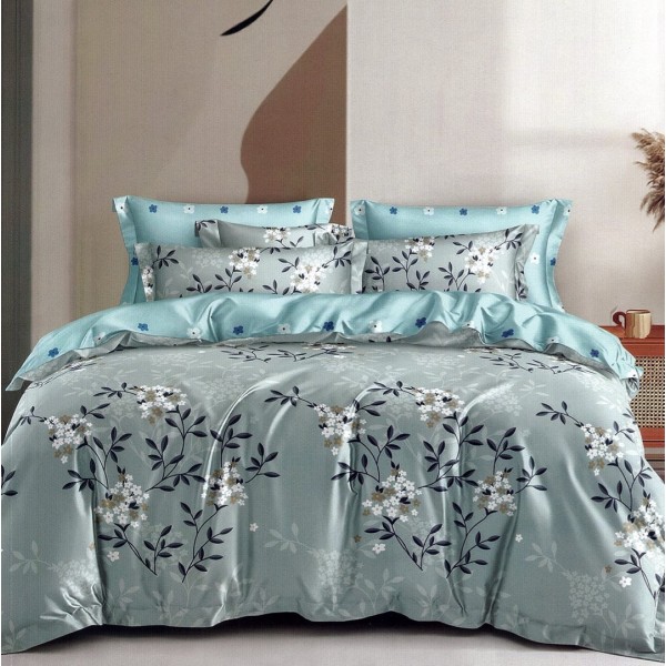 Lenjerie pat dublu,  FINET, 6 piese, Bleu, flori, frunze [1]