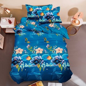 Lenjerie pat 1 PERSOANA, 3 piese, IMPRIMEU 3D Multiplicat, Microfibra, Albastru, flori