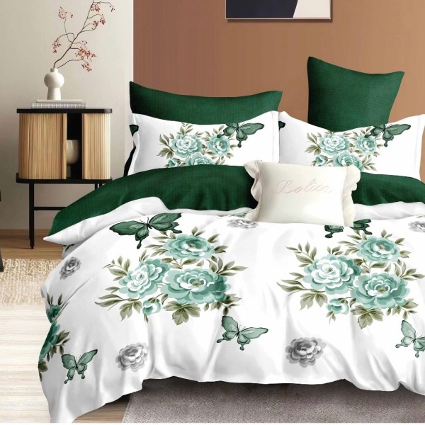 Lenjerie pat dublu,  FINET, cu elastic, 6 piese, Alb, Verde, Flori, Fluturi [1]