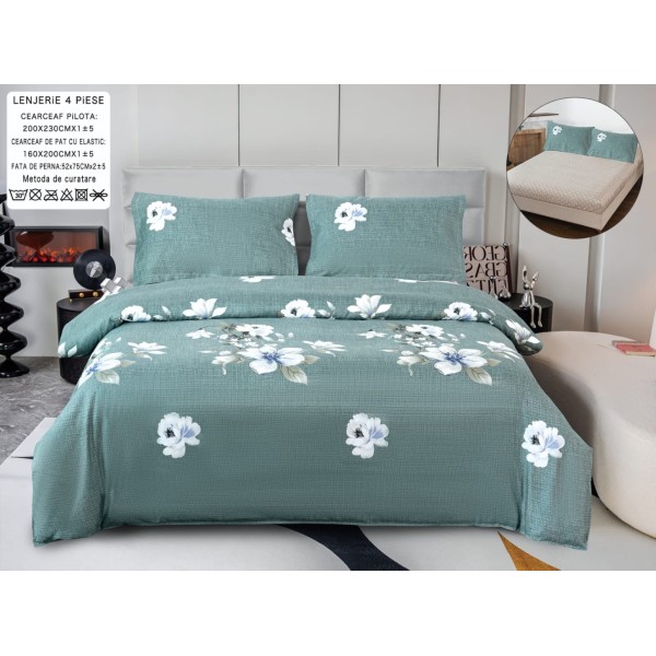 Lenjerie pat dublu, bumbac satinat,  Cearsaf cu ELASTIC 160x200cm, 4 PIESE, Verde, flori [1]