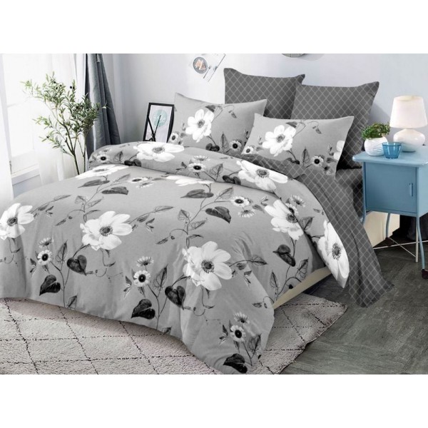 Lenjerie pat dublu,  FINET, cu elastic, 6 piese, Gri, Flori [1]