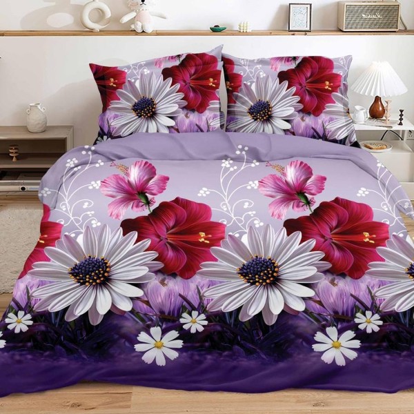 Lenjerie pat dublu (140x200cm, 160x200cm, 180x200cm), cearsaf clasic, imprimeu 3D, Mov, flori [1]