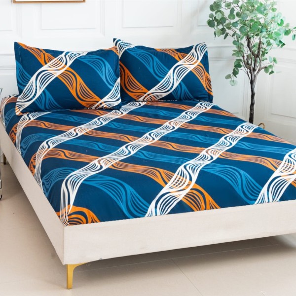 Cearsaf cu elastic, Bumbac Satinat, 160/180x200cm, 2 fete de perne 50x70cm, Albastru, dungi [1]