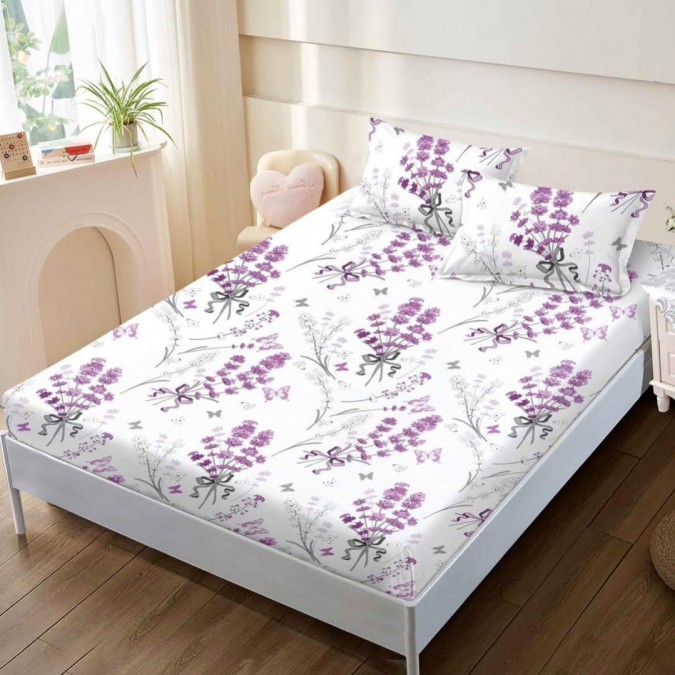 Cearsaf cu elastic Bumbac FINET 160x200cm 2 fete de perne 50x70cm Lila lavanda fluturi