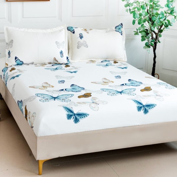 Cearsaf cu elastic, Bumbac Satinat, 160/180x200cm, 2 fete de perne 50x70cm, Bleu, fluturi [1]