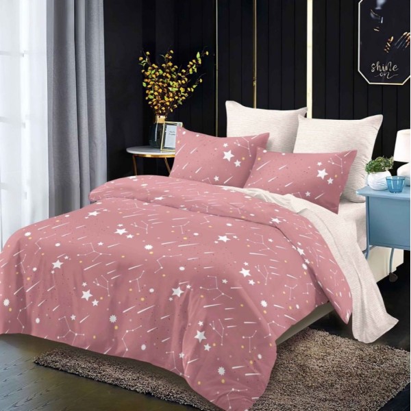 Lenjerie pat dublu,  FINET, cu elastic, 6 piese, Roz, Alb, Ploaie de Stele [1]