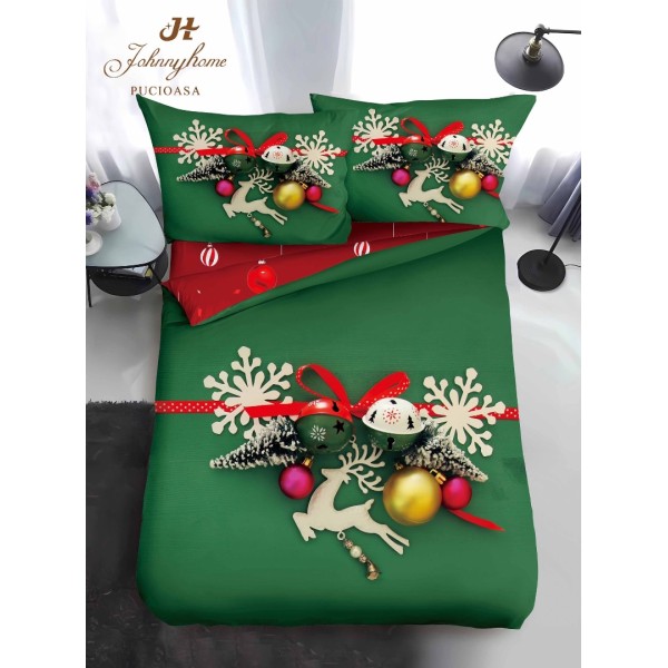 Lenjerie pat 1 PERSOANA, BUMBAC FINET, 4 piese, Identică cu Poza, Craciun, Verde, Roșu, decorațiuni de Craciun [1]