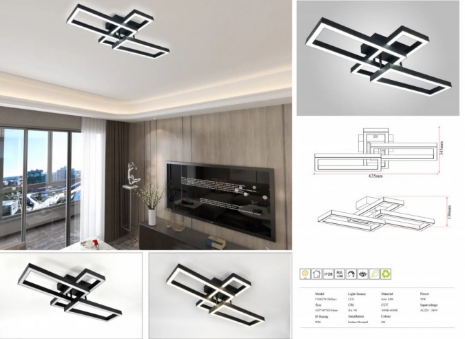 Lustra LED RFAN, Model FX60279-3S, Cu Telecomanda, 3 Tipuri De Lumina, Intensitate Reglabila, 50W, Negru