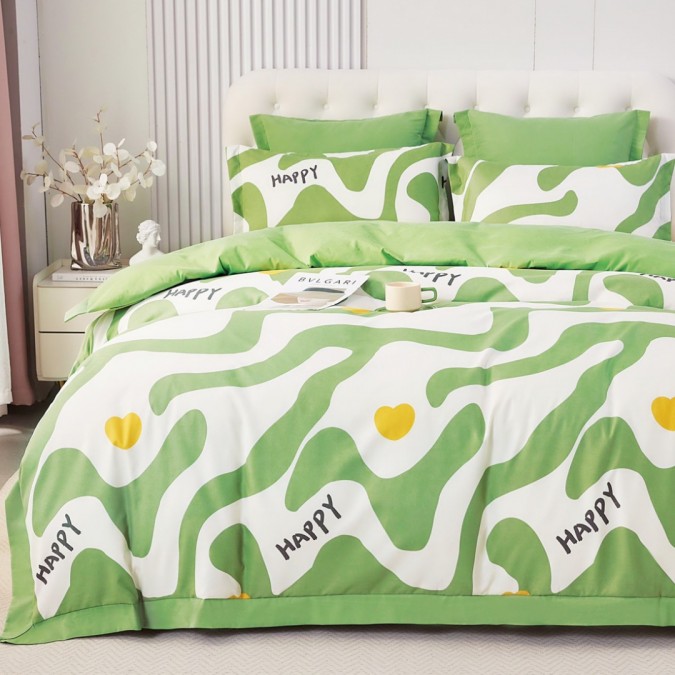 Lenjerie de Pat Dublu  Super Premium   Finet Ranforsat – Set Exclusivist 6 Piese  Ambalat în Cutie de Lux  Alb  Verde  Happy