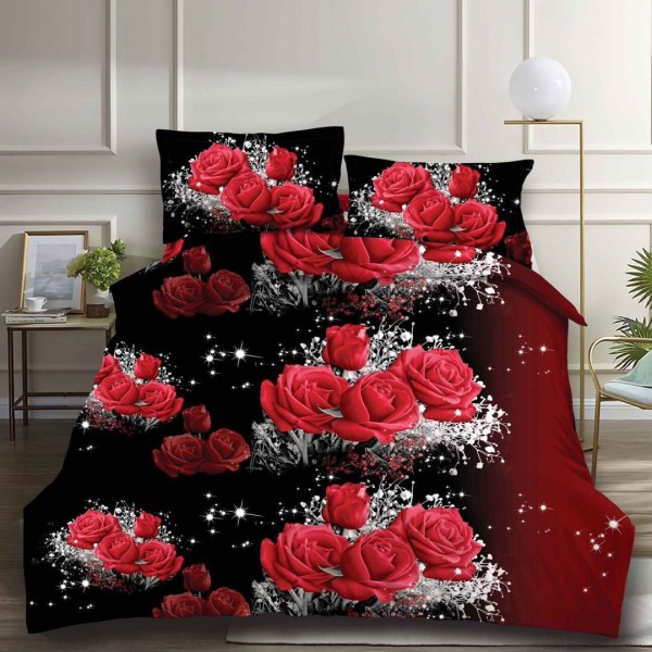 Lenjerie pat dublu (140x200cm, 160x200cm, 180x200cm), cearsaf clasic, imprimeu 3D, Rosu-Negru, trandafiri [1]