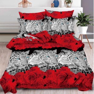 Lenjerie pat dublu, 6 PIESE, IMPRIMEU 3D Multiplicat, Gri-Rosu, leoparzi, trandafiri