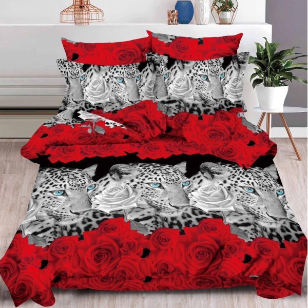 Lenjerie pat dublu, 6 PIESE, IMPRIMEU 3D Multiplicat, Gri-Rosu, leoparzi, trandafiri [1]