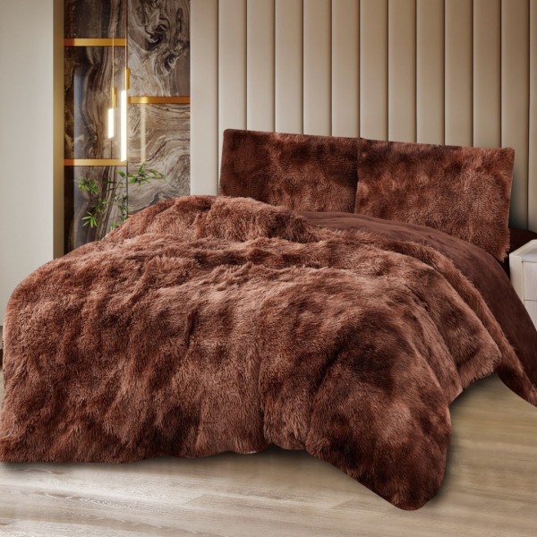 Lenjerie Cocolino Fluffy Super Pufoasă, Set 4 Piese, Pat Dublu, Cearșaf cu elastic – Căldură și Confort Premium, Ideală pentru Nopți Friguroase, Maro degrade [1]