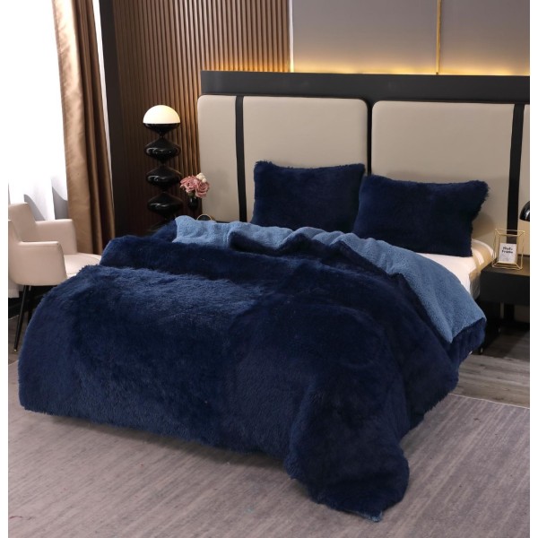 Pilota Super Pufoasă CoCoLiNo Fluffy cu Blăniță Sherpa Asortată, 200x230 cm, 4 kg, 2 Fețe de Pernă Asortate, 50x70cm – Căldură Instantă și Confort de Lux pentru Nopți Reci, Bleumarin [1]