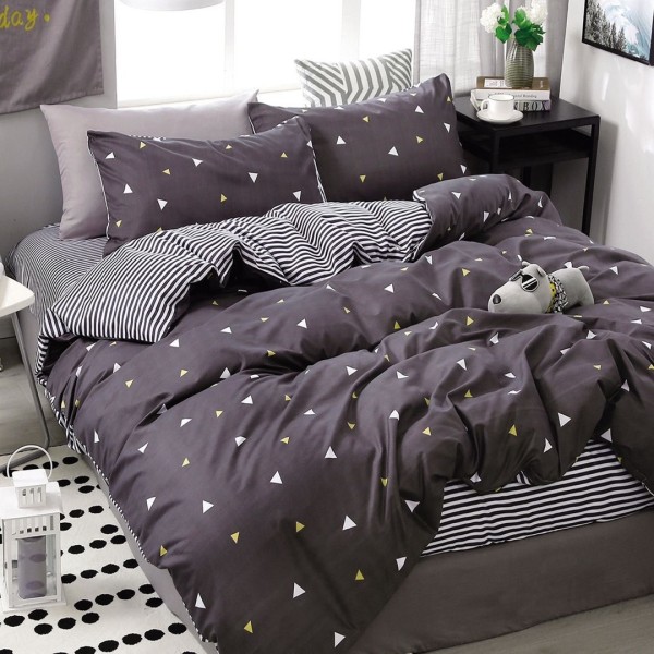 Lenjerie pat 140x200cm, 4 piese, cu ELASTIC,  Gri, forme geometrice [1]