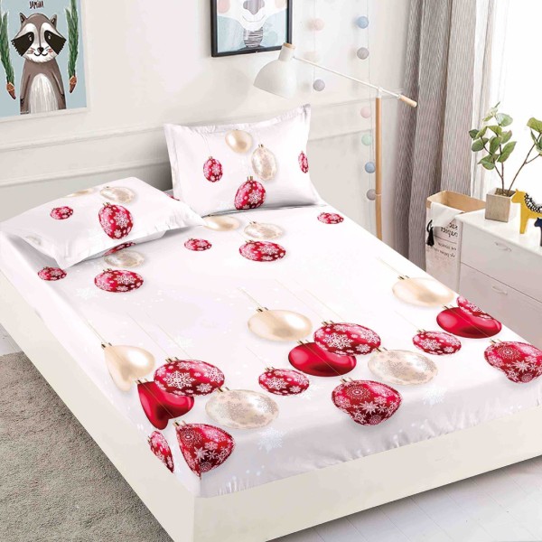 Cearsaf cu elastic, Bumbac FINET, 160/180x200cm, 2 fete de perne 50x70cm, Craciun, Jojo Home, Alb-Rosu, globulete [1]