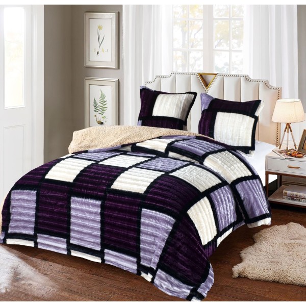 Pilota CoCoLiNo Frizzy cu blanita, matlasata, 200x230cm, cu fete de perna 60x60cm, Crem, Mov, patratele [1]