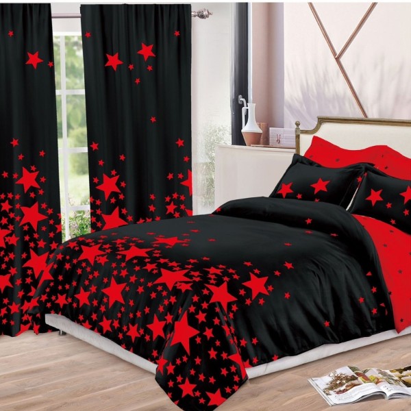 Set Lenjerie pat dublu (140x200cm, 160x200cm, 180x200cm) + 2 draperii, finet, 8 piese, Negru, Roșu, stelute [1]