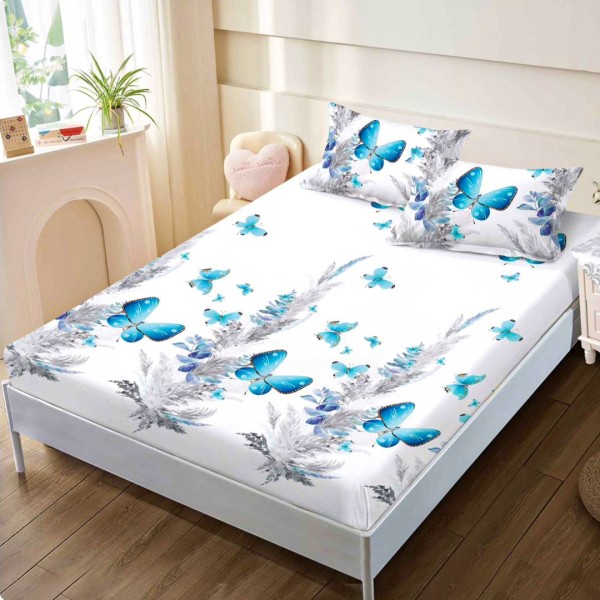Cearsaf cu elastic, FINET, 160x200cm, 2 fete de perne 50x70cm, Alb, Albastru, Fluturi – confort si eleganta pentru patul tau [1]