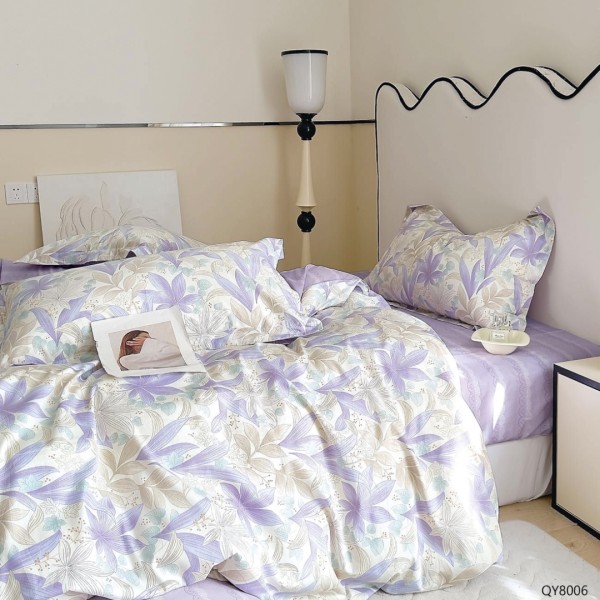 Lenjerie pat dublu, BUMBAC 100% Percal, cu Elastic, 4 piese, Alb, Lila, Frunze [1]