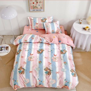 Lenjerie pat 140x200cm,  FINET, 4 piese, cu ELASTIC, Roz-Bleu, ursuleti, fundite