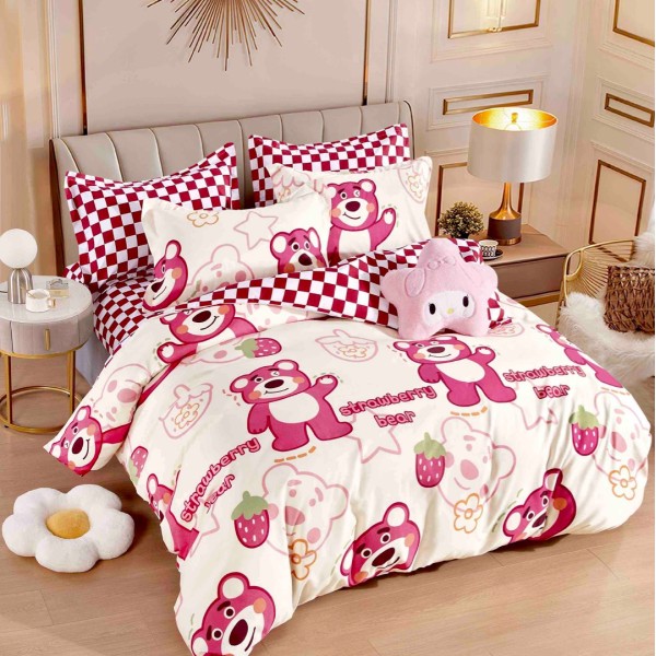 Lenjerie pat dublu,  FINET, 6 piese, Jojo Home, Roz, ursuleti, capsune [1]