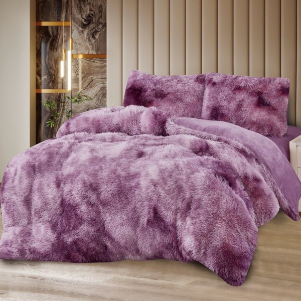 Lenjerie Cocolino Fluffy Super Pufoasă, Set 4 Piese, Pat Dublu, Cearșaf cu elastic – Căldură și Confort Premium, Ideală pentru Nopți Friguroase, Lila degrade [1]