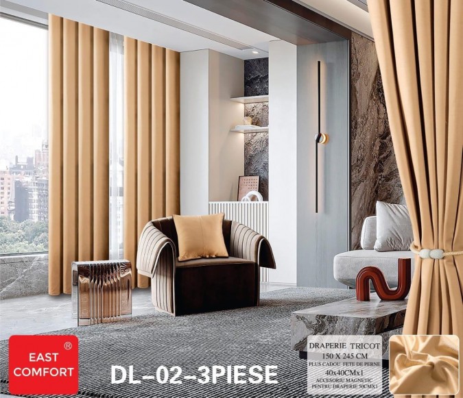 Draperie din Tercot Luxury, cu inele încastrate, East Confort,150x245cm, cu Șnur Magnetic și Față de Pernă Decorativă – Calitate Premium pentru Confortul Tău, Bej galbui