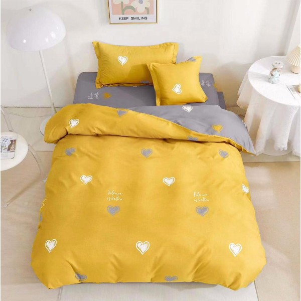 Lenjerie pat 140x200cm,  FINET, 4 piese, cu ELASTIC, Galben, inimioare [1]