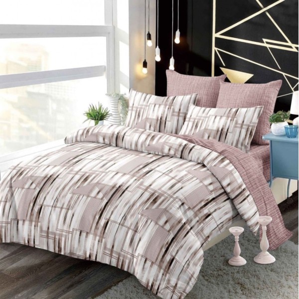 Lenjerie pat dublu,  FINET, cu elastic, 6 piese, Alb, Bej, Abstract [1]