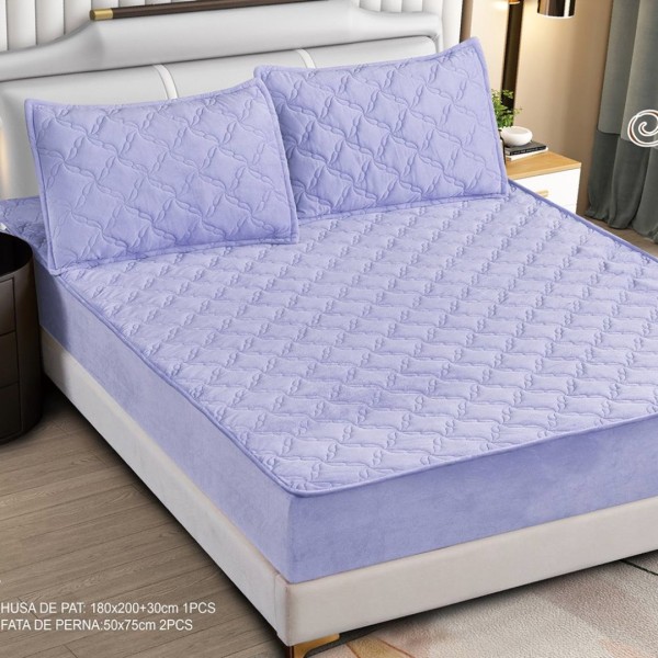 Husă Matlasată Tip Topper din Catifea 180x200cm, cu 2 Fețe de Pernă 50x70cm -  Somn Odihnitor și Susținere pentru Spate, Lila [1]