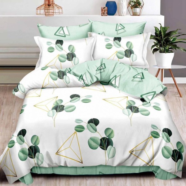 Lenjerie pat dublu (160x200cm, 180x200cm),  FINET, 6 piese, cu ELASTIC, Alb-Verde, frunze, forme geometrice [1]