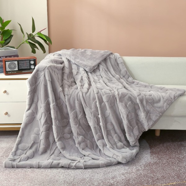 Patura CoCoLiNo ExtraPufoasa din Blanita artificiala de iepure, Gofrata, 200x230cm, model cu frunze, gri deschis [1]