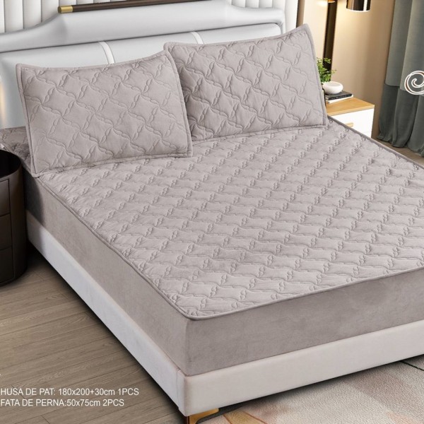 Husă Matlasată Tip Topper din Catifea 180x200cm, cu 2 Fețe de Pernă 50x70cm -  Somn Odihnitor și Susținere pentru Spate, Grej [1]