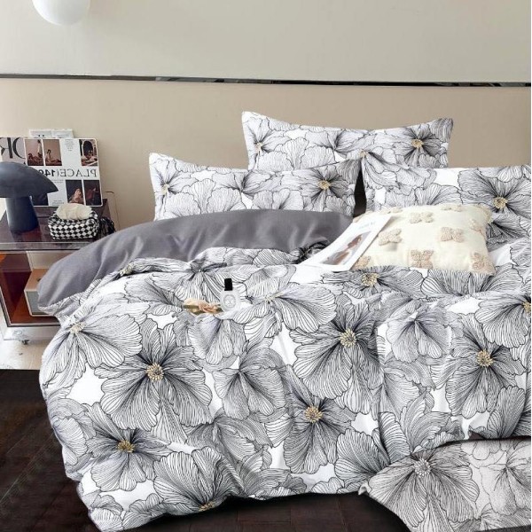 Lenjerie pat dublu (140x200cm, 160x200cm, 180x200cm),  FINET, 6 piese, Gri, flori [1]