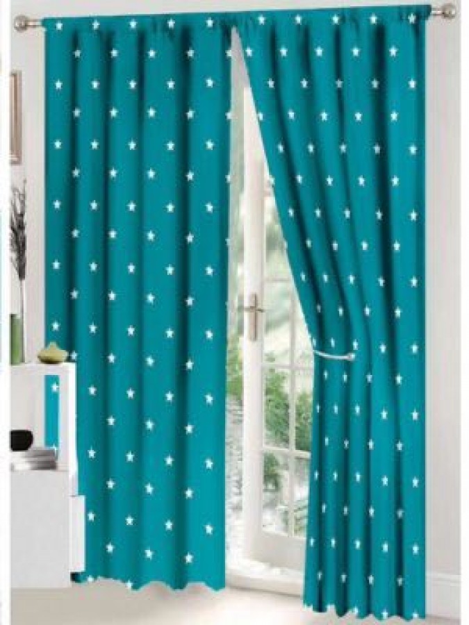 Lenjerie pat dublu, BUMBAC FINET, 8 piese, cu 2 DRAPERII INCLUSE, Turquoise, Alb, stelute