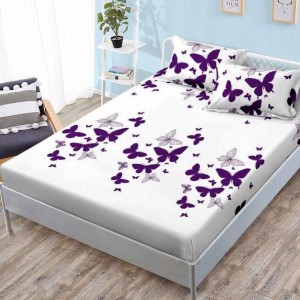 Cearsaf cu elastic, FINET, 180x200cm, 2 fete de perne 50x70cm, Mov, fluturi