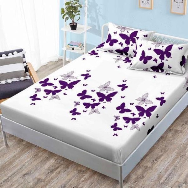 Cearsaf cu elastic, FINET, 180x200cm, 2 fete de perne 50x70cm, Mov, fluturi [1]