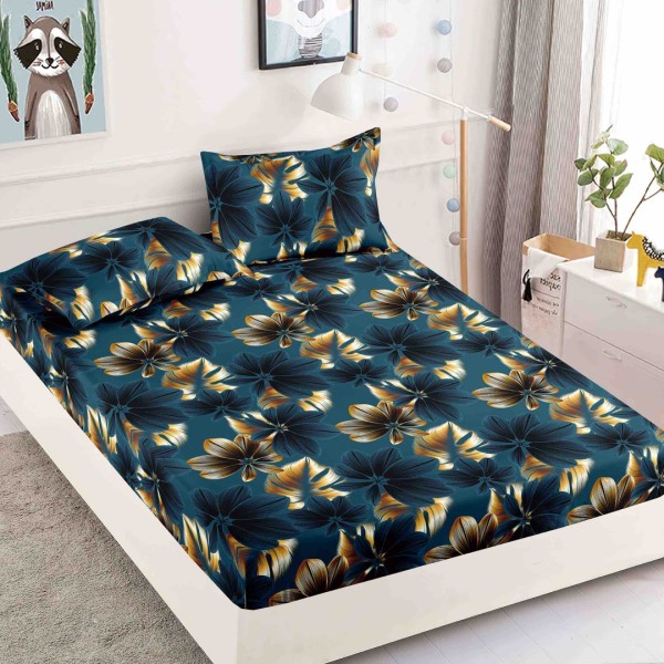 Cearsaf cu elastic, Bumbac FINET, 160/180x200cm, 2 fete de perne 50x70cm, Jojo Home, Bleumarin, flori [1]
