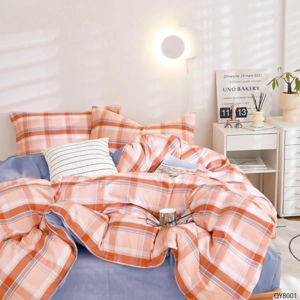 Lenjerie pat dublu, BUMBAC 100% Percal, cu Elastic, 4 piese, Cărămiziu, Cenușiu, Carouri [1]