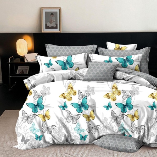 Lenjerie pat dublu,  FINET, 6 piese, Gri-Turquoise, fluturi [1]