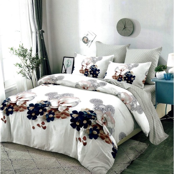 Lenjerie pat dublu,  FINET, 6 piese, cu ELASTIC, Gri-Albastru, flori [1]