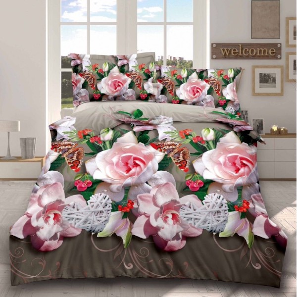Lenjerie pat dublu (140x200cm, 160x200cm, 180x200cm), cearsaf clasic, imprimeu 3D, Grej-Roz, flori, fluturi [1]
