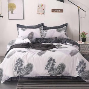 Lenjerie pat dublu cu Elastic, bumbac satinat, alb, gri, frunze