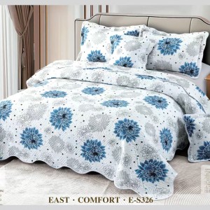 Cuvertura matlasata 230x250cm si 4 fete de perna, Bumbac, Alb, Bleu, flori