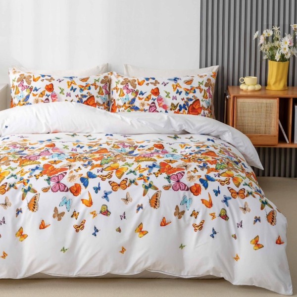 Lenjerie pat 140x200cm, 4 piese, cu ELASTIC,  Alb, fluturasi [1]