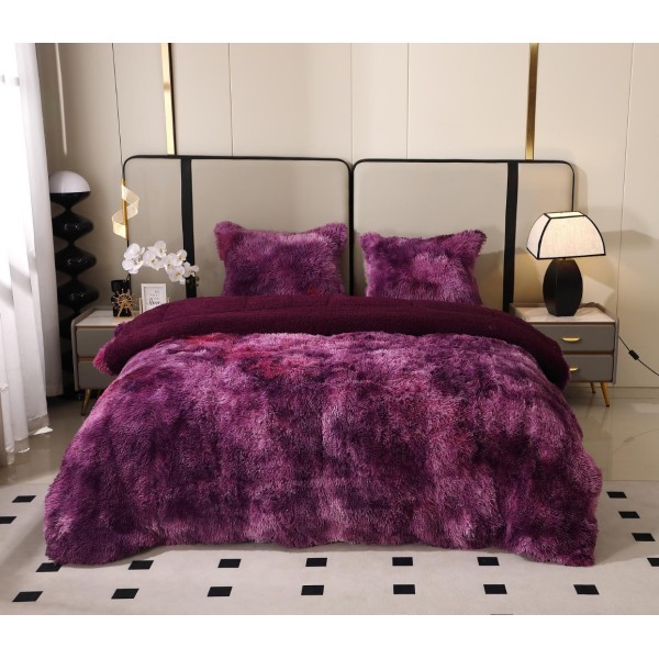 Pilota Super Pufoasă CoCoLiNo Fluffy cu Blăniță Sherpa Asortată, 200x230 cm, 4 kg, 2 Fețe de Pernă Asortate, 50x70cm – Căldură Instantă și Confort de Lux pentru Nopți Reci, Mov degrade [1]