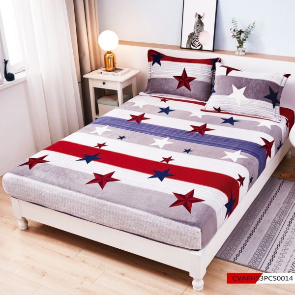 Husa cu elastic 180x200cm, pufoasa cocolino si 2 fete de perna, Gri, Rosu, dungi, stelute [1]